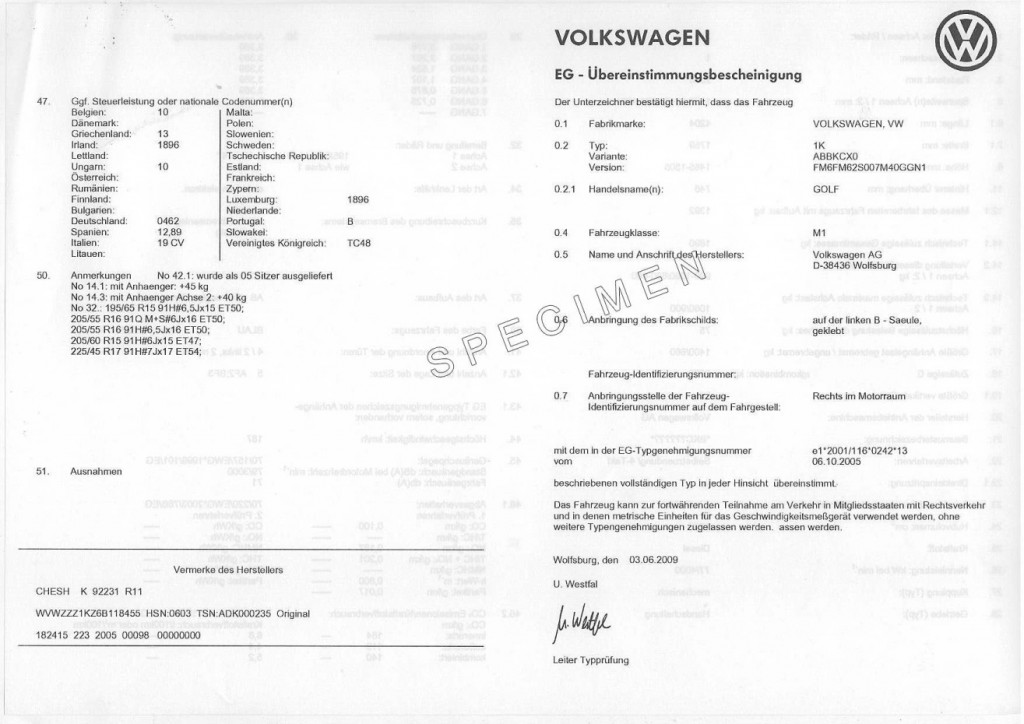 CERTIFICATE OF CONFORMITY C.O.C VOLKSWAGEN/CERTIFAUTO | CertifAuto ...